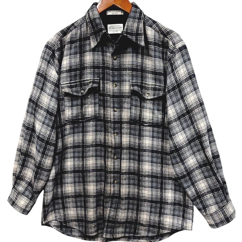 Vintage Pendleton Wool Outdoor Flannel Shirt Plaid‎ Black Gray Mens M Washable